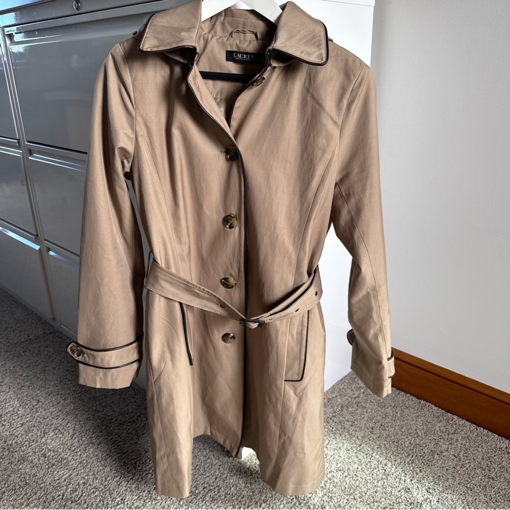 Lauren Ralph Lauren Women’s Hooded Belted Faux Leather Trim Trench Coat S